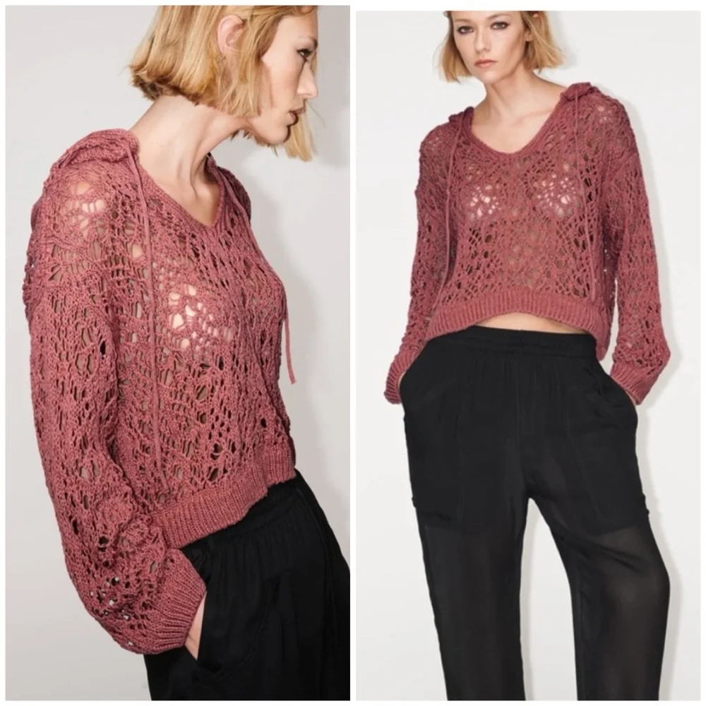 Zara crochet open knit hooded sweatshirt